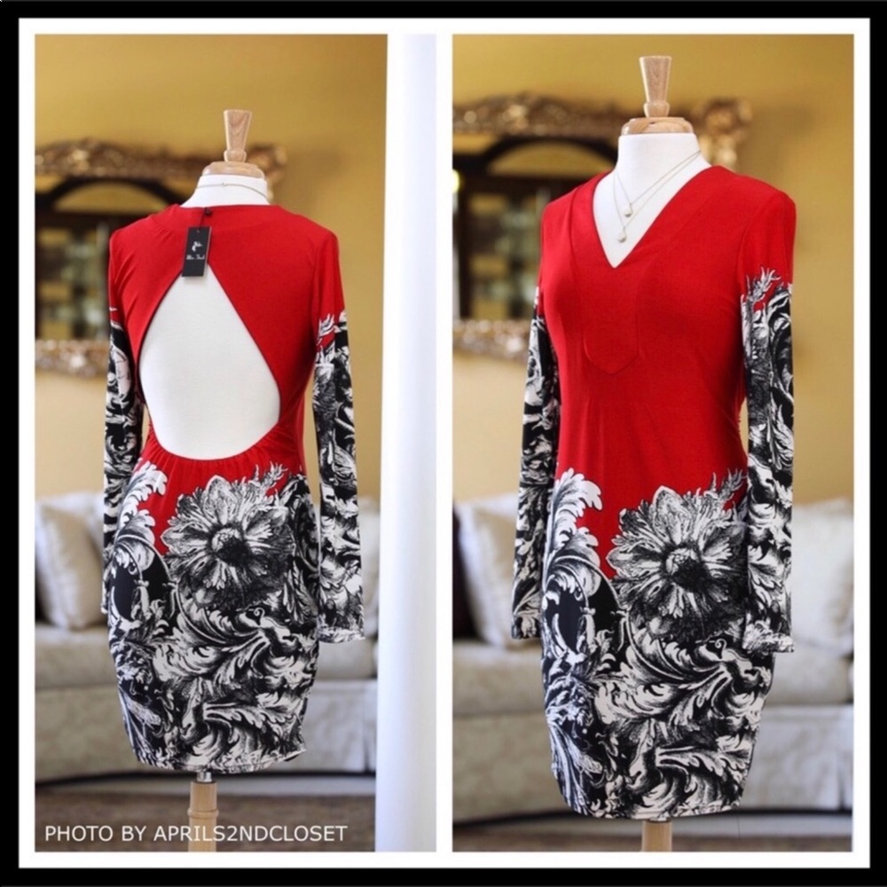V-NECK LONG SLEEVES RED BLACK WHITE DRESS A3C - Picture 2 of 7